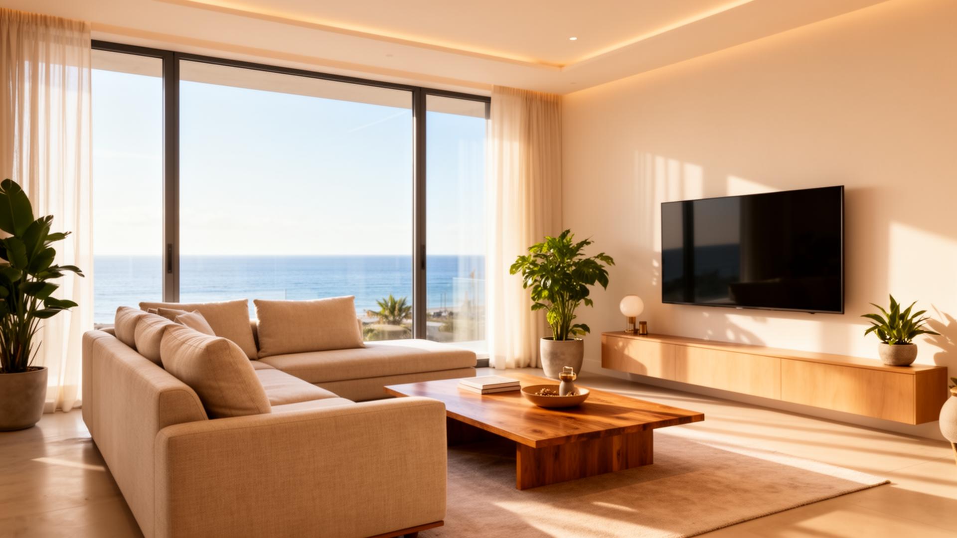 Modern Airbnb living room with ocean view